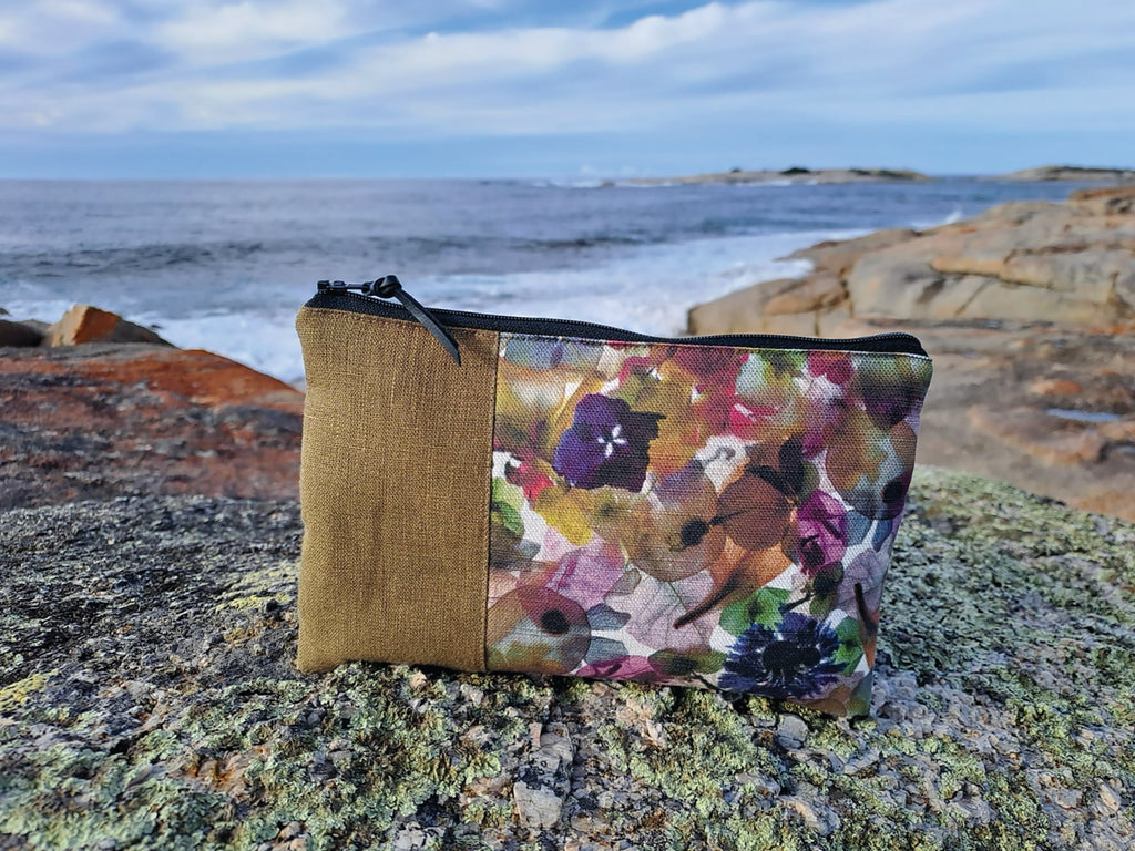 The Kingston Pouch - Petal Medley Fabric with olive linen accent