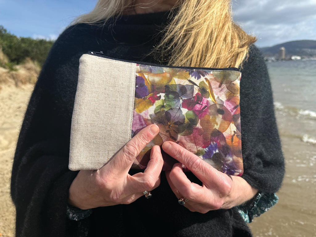 The Kingston Pouch - Petal Medley Fabric with cream linen accent