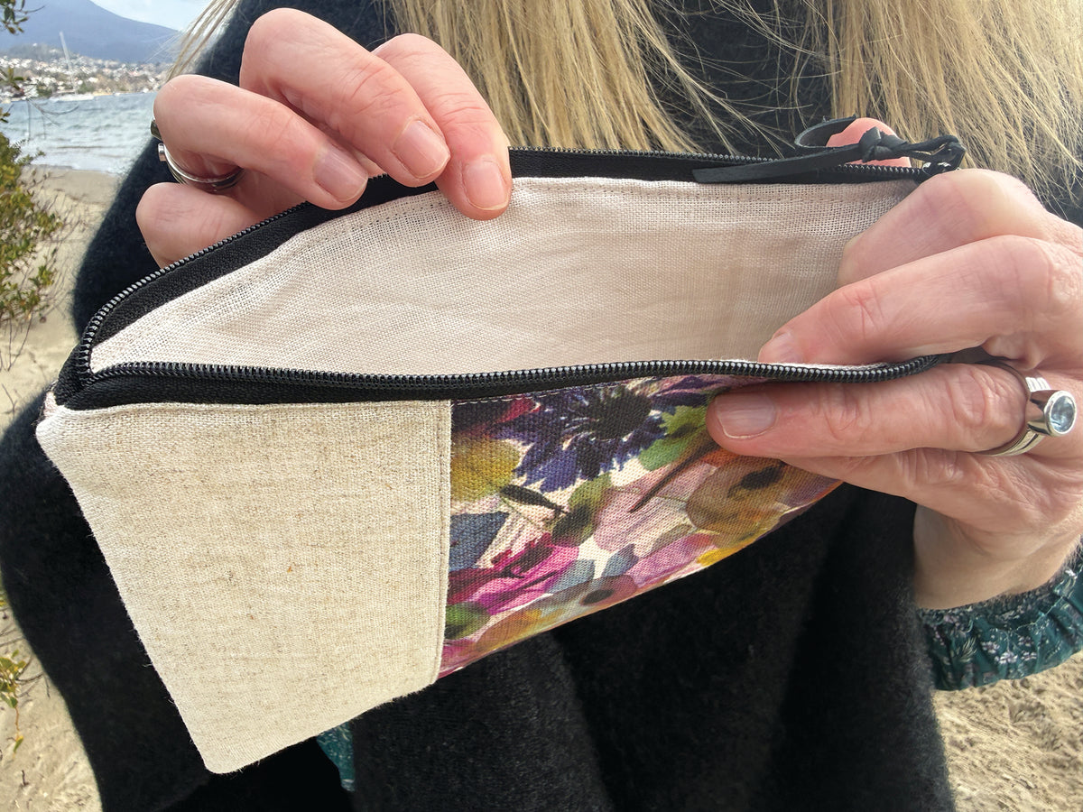 The Kingston Pouch - Petal Medley Fabric with cream linen accent