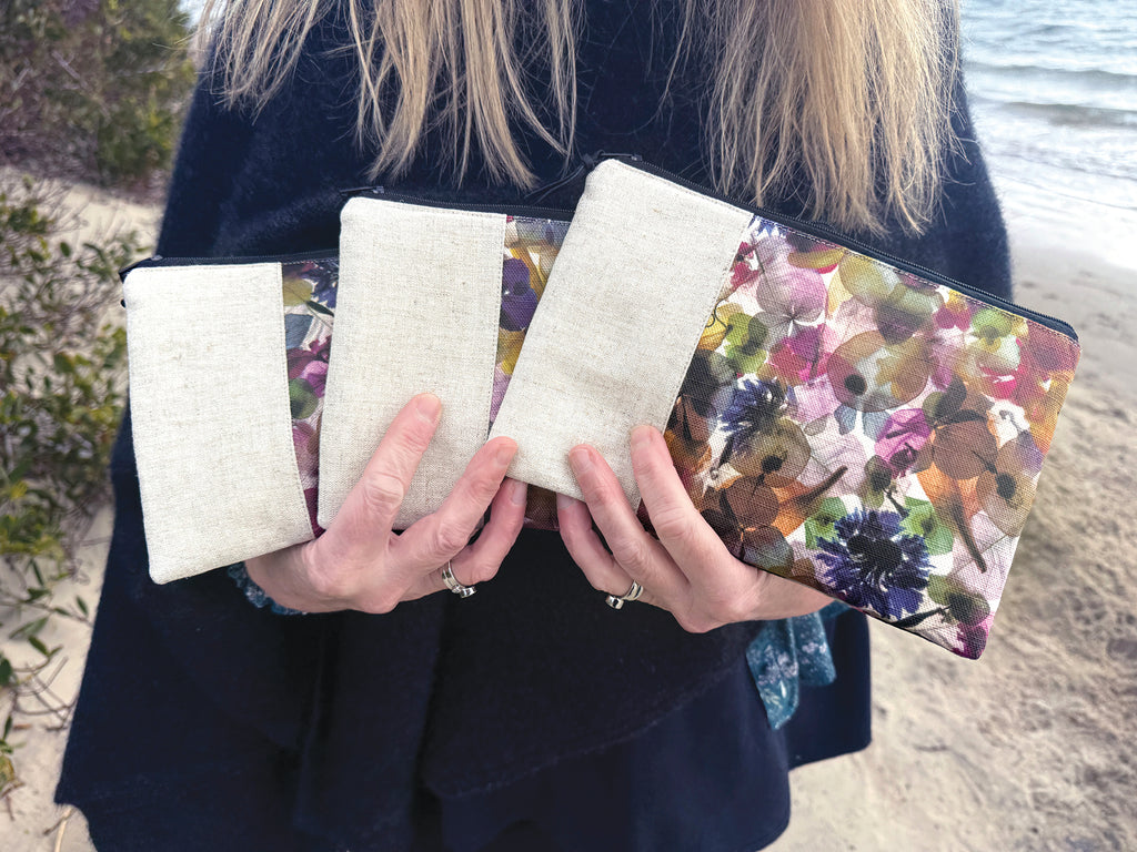 The Kingston Pouch - Petal Medley Fabric with cream linen accent