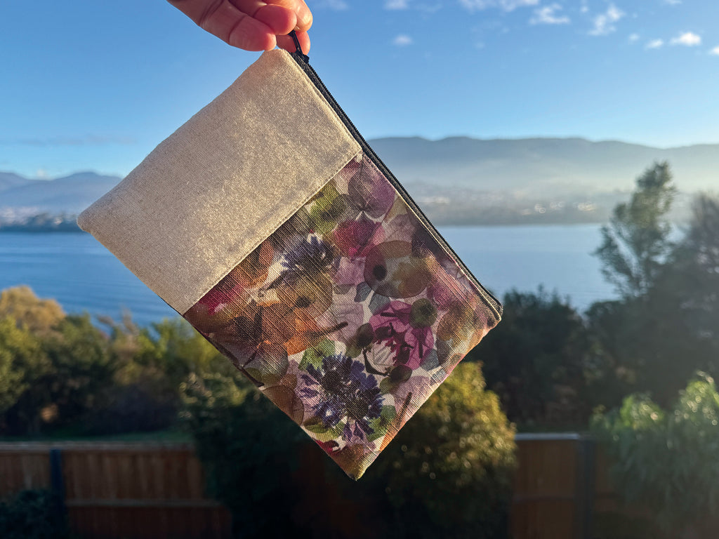 The Kingston Pouch - Petal Medley Fabric with cream linen accent