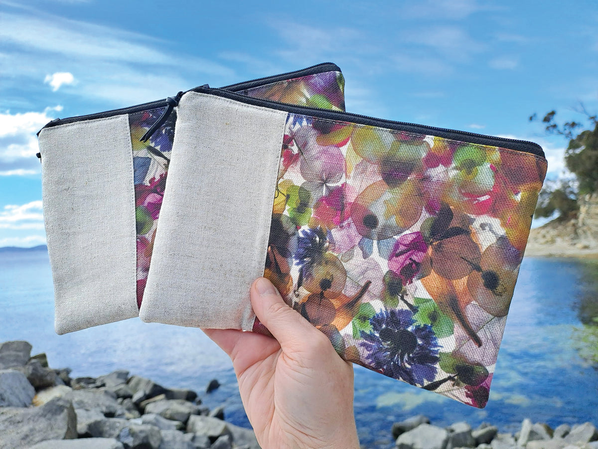 The Kingston Pouch - Petal Medley Fabric with cream linen accent