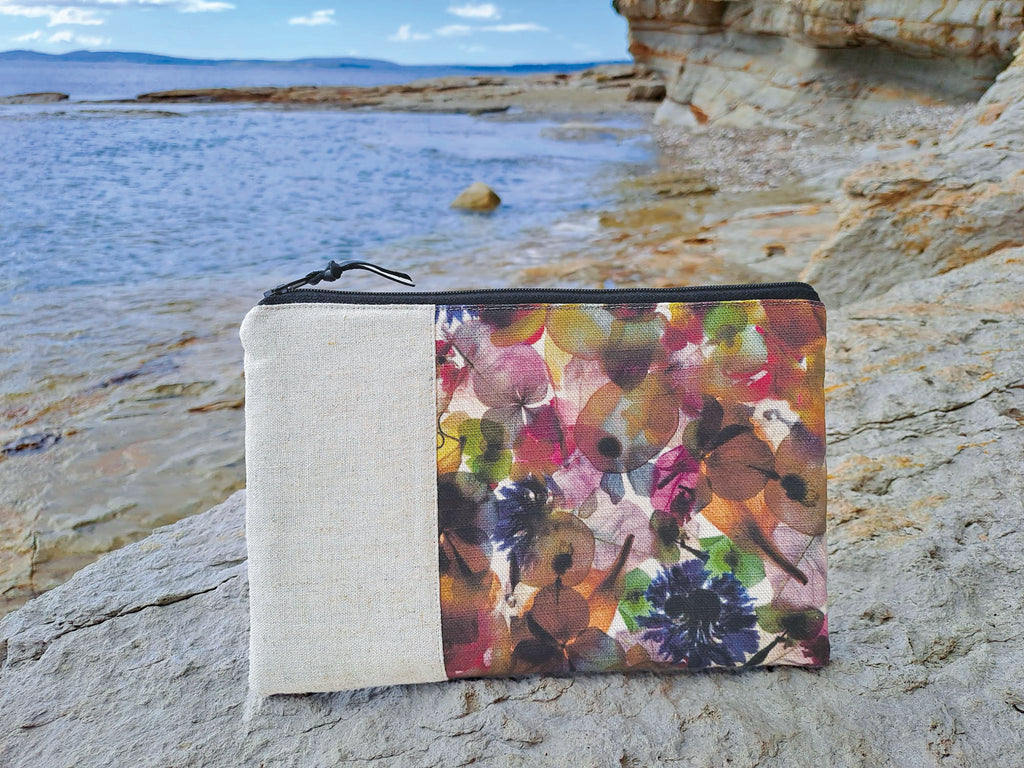 The Kingston Pouch - Petal Medley Fabric with cream linen accent