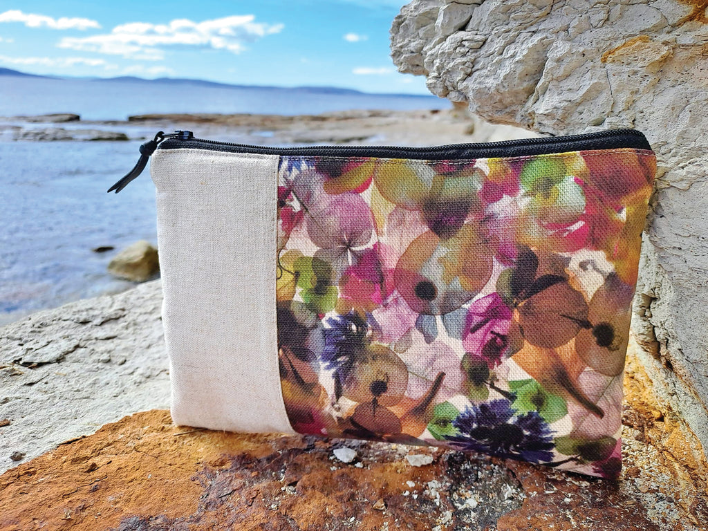 The Kingston Pouch - Petal Medley Fabric with cream linen accent