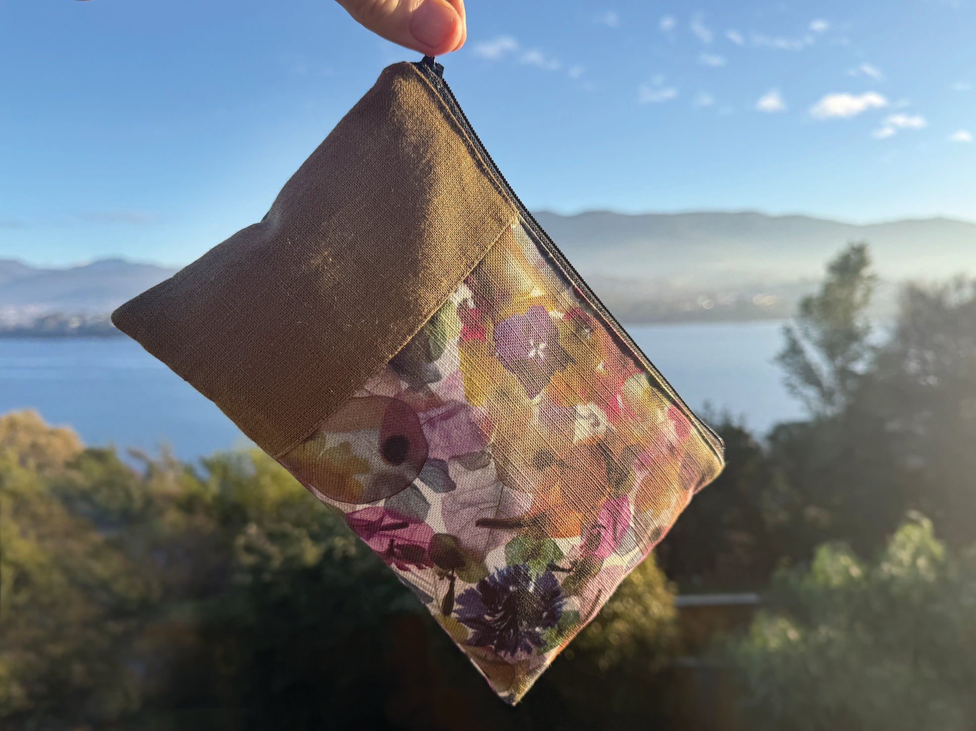 The Kingston Pouch - Petal Medley Fabric with olive linen accent