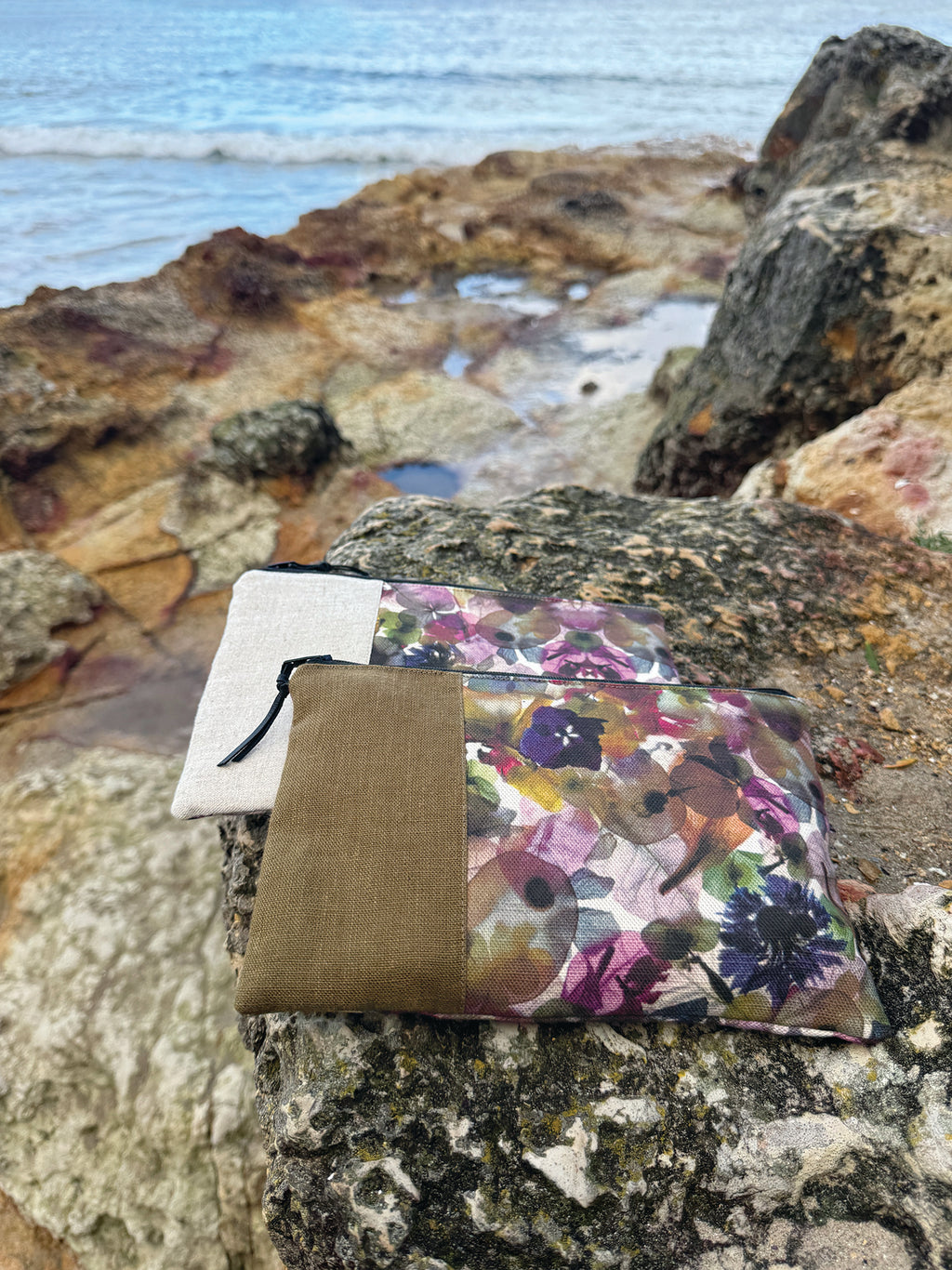 The Kingston Pouch - Petal Medley Fabric with olive linen accent