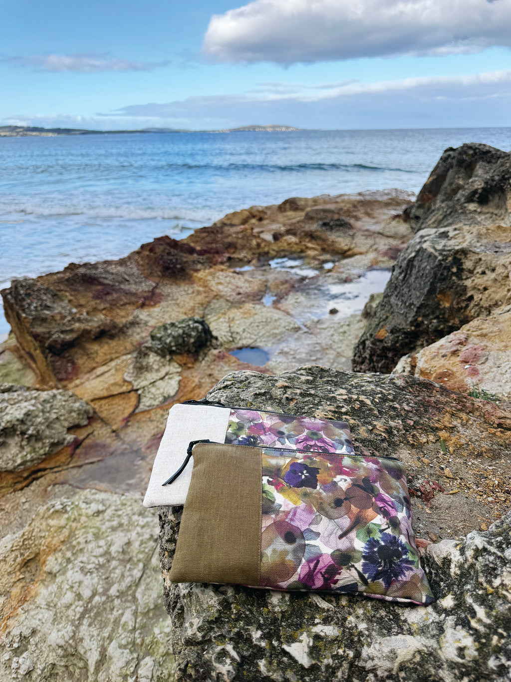 The Kingston Pouch - Petal Medley Fabric with cream linen accent