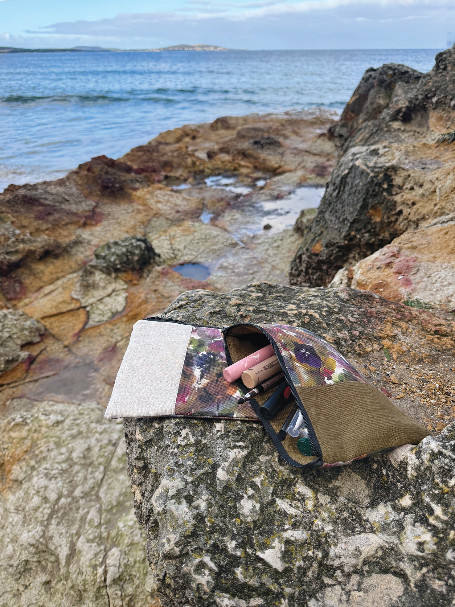 The Kingston Pouch - Petal Medley Fabric with olive linen accent