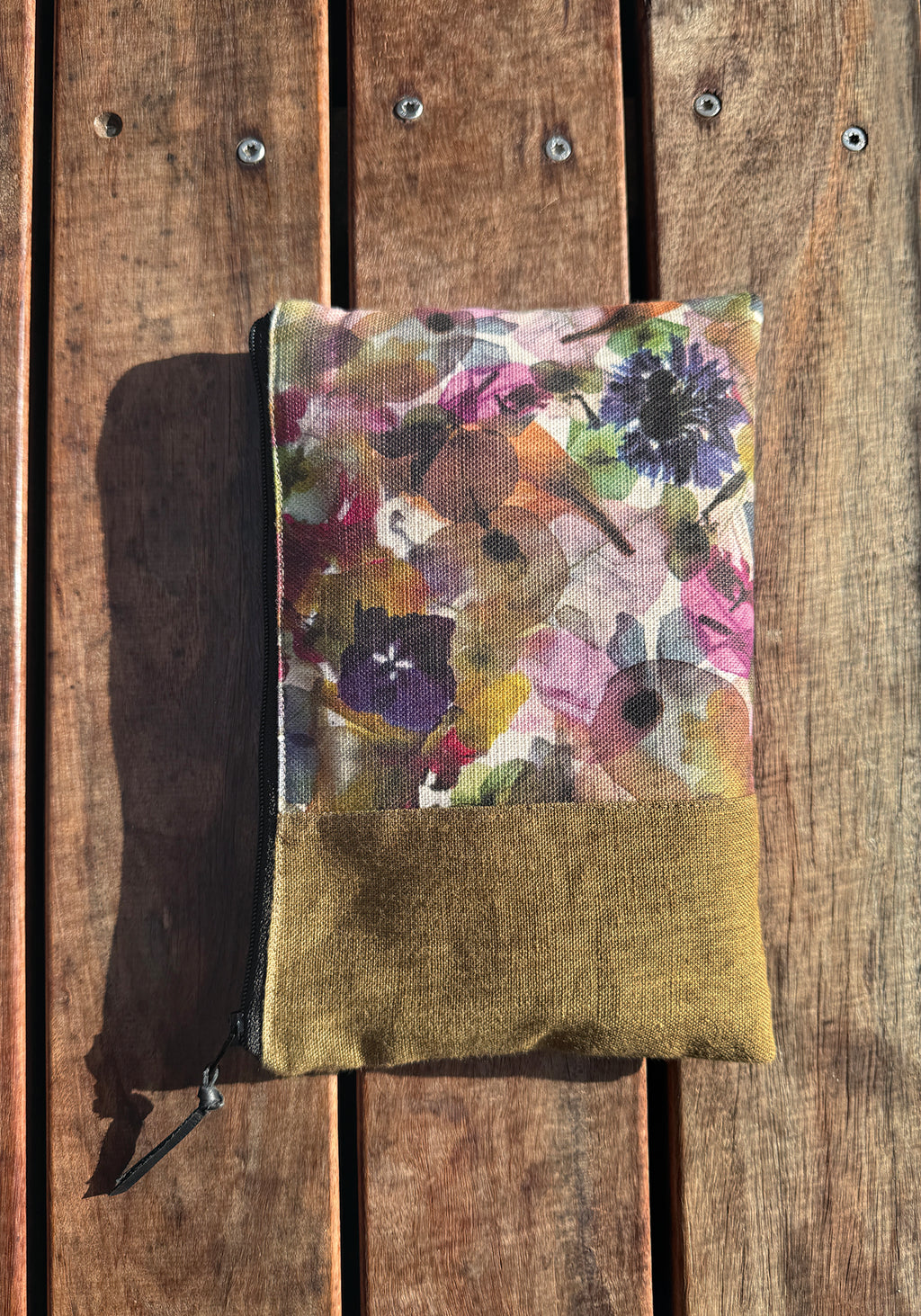 The Kingston Pouch - Petal Medley Fabric with olive linen accent