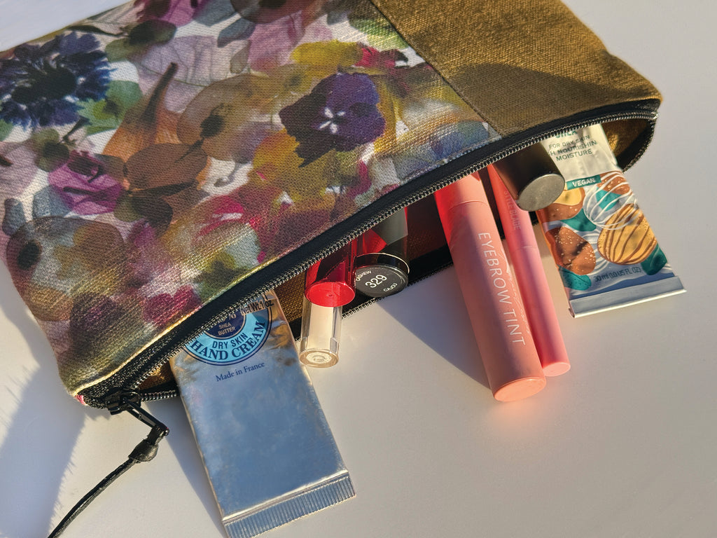 The Kingston Pouch - Petal Medley Fabric with olive linen accent