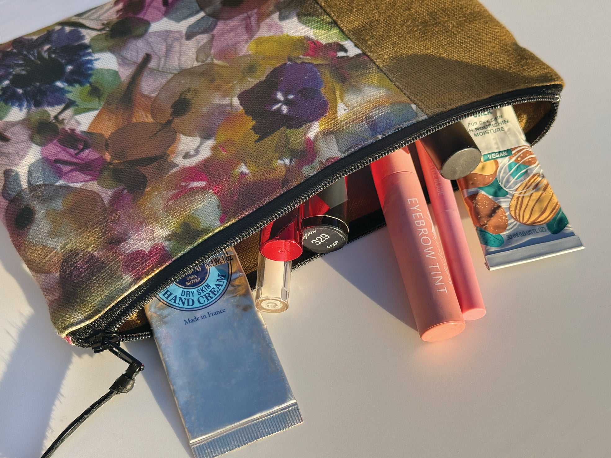 The Kingston Pouch - Petal Medley Fabric with olive linen accent