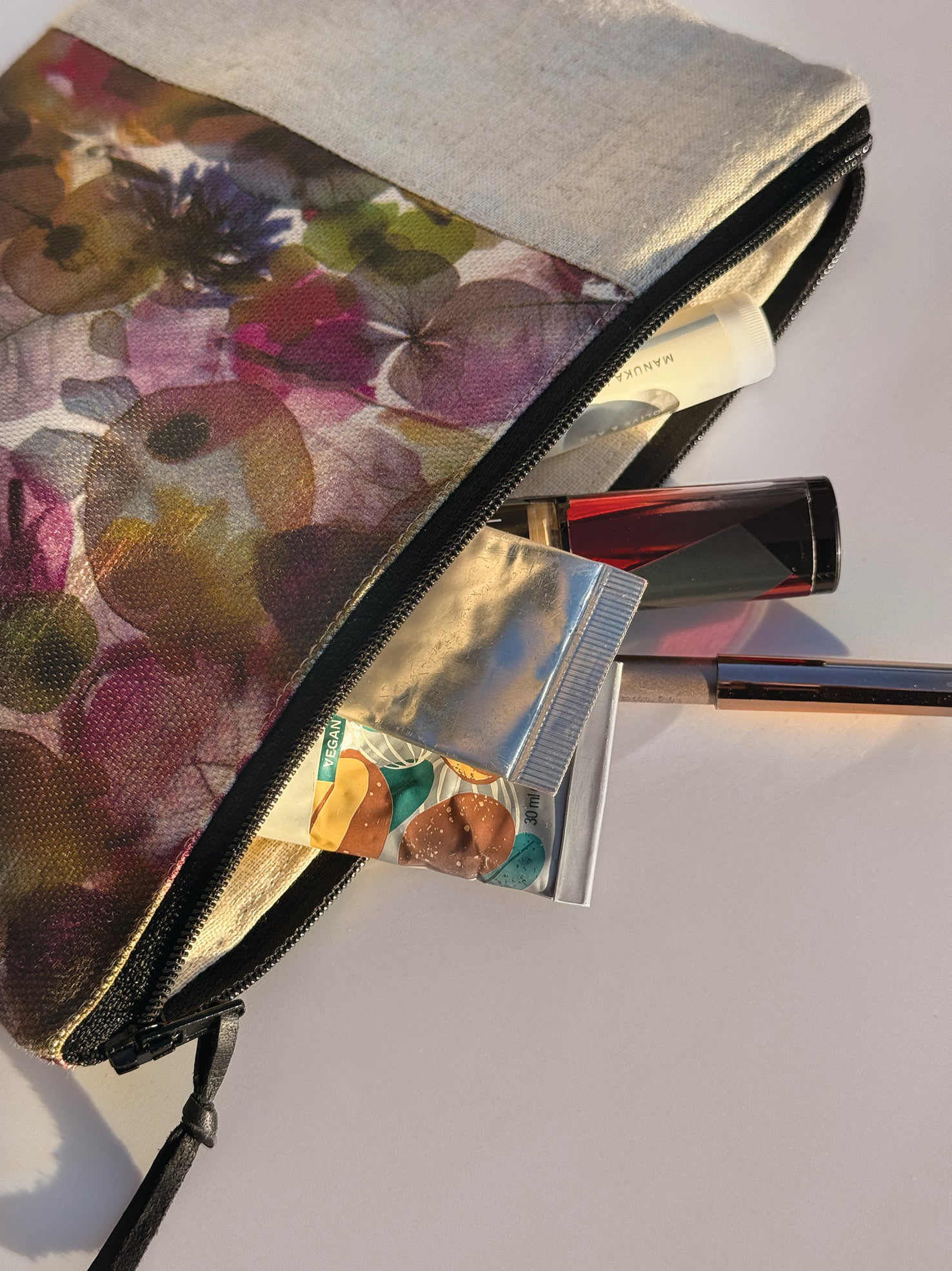 The Kingston Pouch - Petal Medley Fabric with cream linen accent
