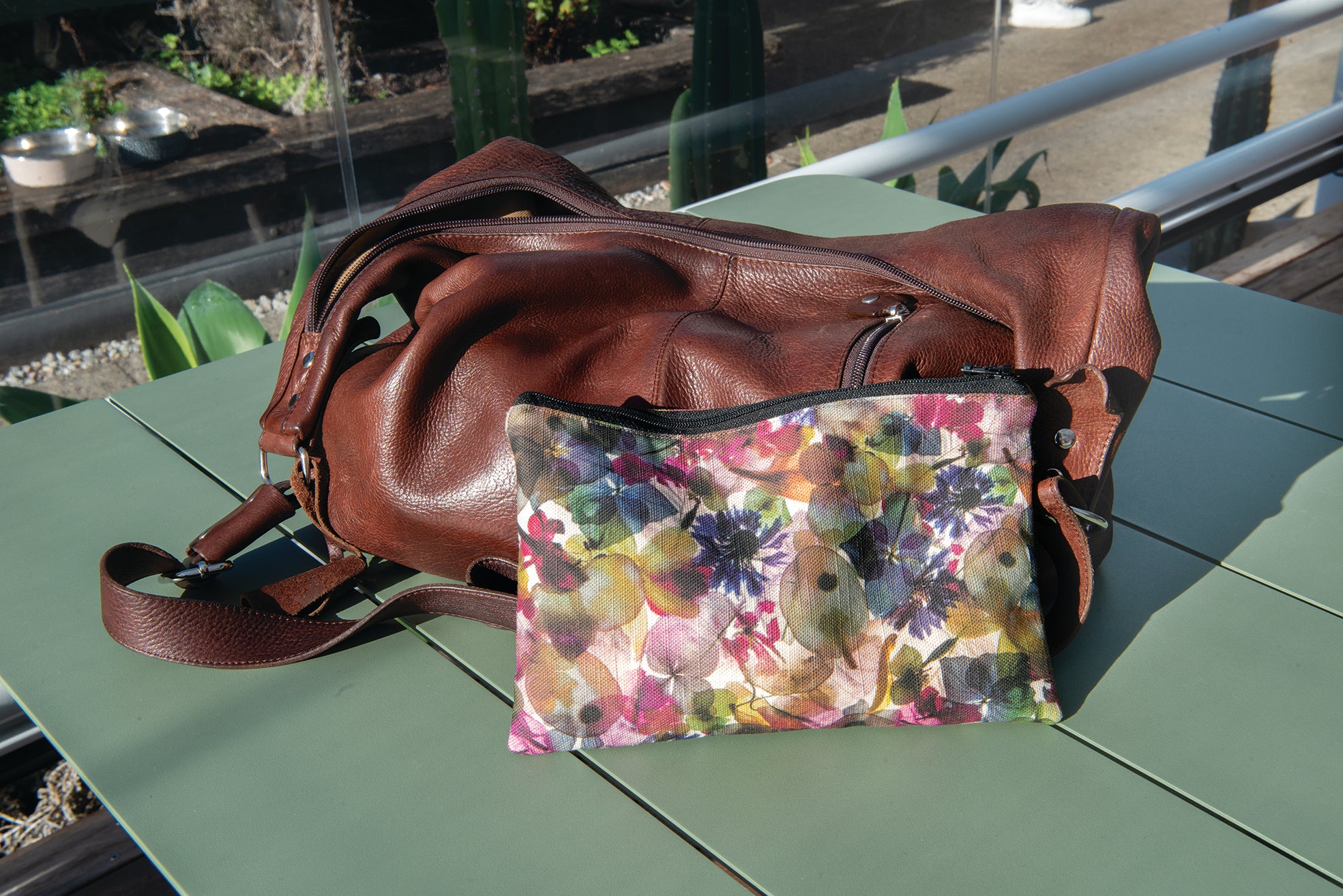 The Kingston Pouch - Petal Medley Fabric with olive linen accent