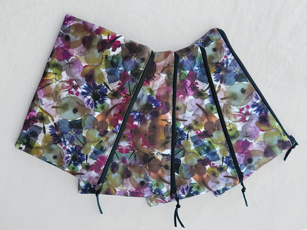 The Kingston Pouch - Petal Medley Fabric with olive linen accent