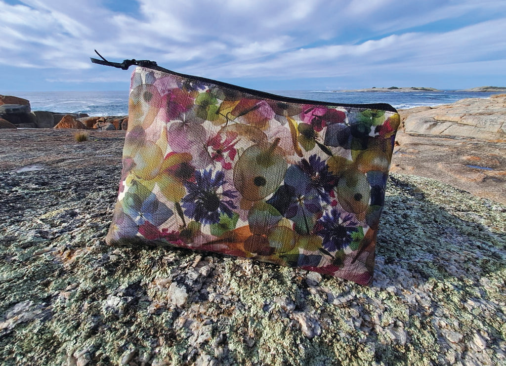 The Kingston Pouch - Petal Medley Fabric with olive linen accent