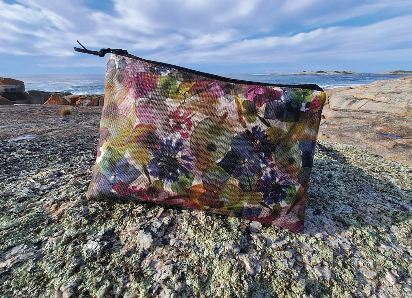 The Kingston Pouch - Petal Medley Fabric with olive linen accent