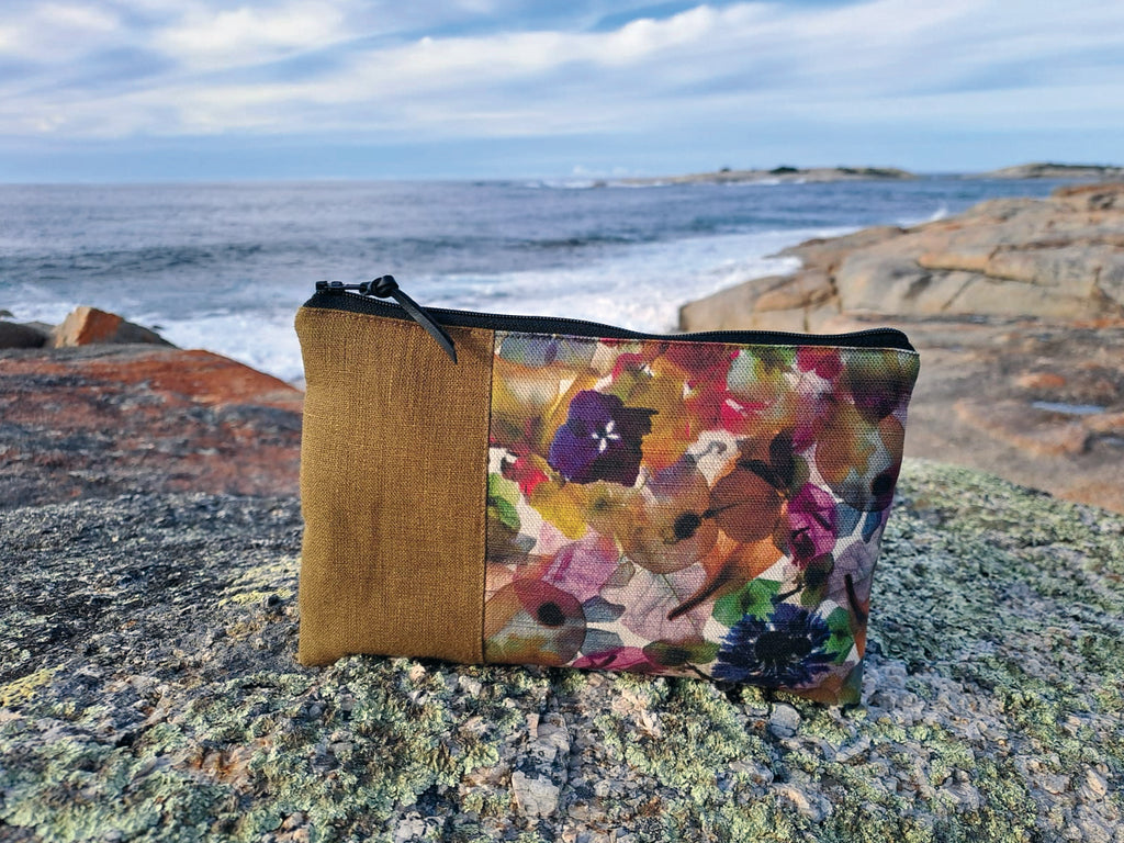 The Kingston Pouch - Petal Medley Fabric with olive linen accent